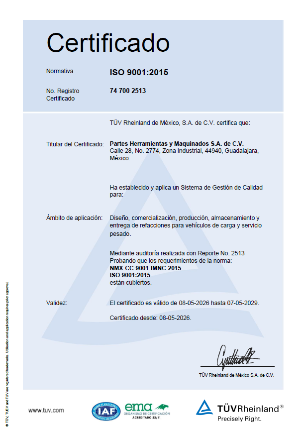 Certificado ISO 9001:2015 de PHM